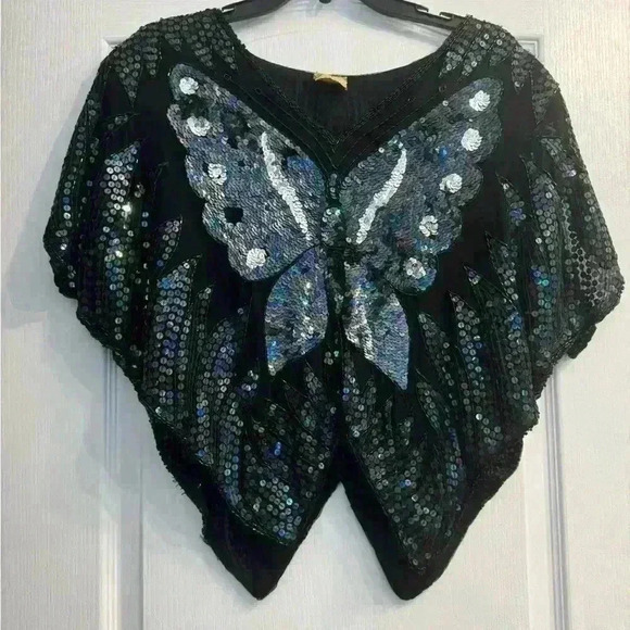 Vintage Butterfly  gorgeous sequin Silk Cape, Top, Blouse - Picture 1 of 9